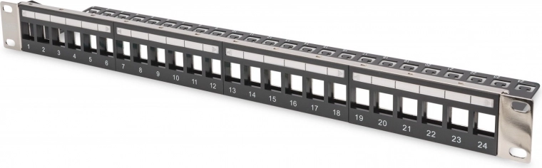 Panel de parcheo modular 19" con 24 puertos para módulos keystone, 1U, apantallado, con guiado de cables