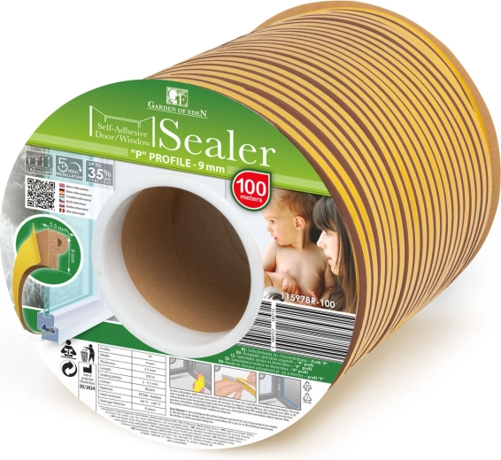 Cinta aislante autoadhesiva de sellado para puertas y ventanas, perfil P, marrón, 100 m