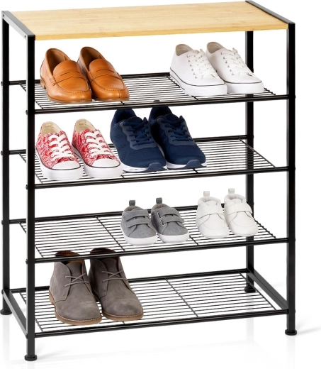 Zapatero metálico Vilde negro con 5 estantes y tablero de bambú 60 × 30 × 74 cm