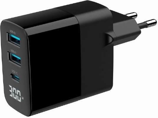 Cargador de red GaN 30 W con LCD, 2× USB‑A y 1× USB‑C, carga rápida PD/QC 3.0, negro