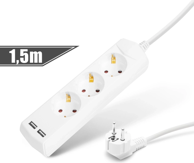 Cable alargador con 3 tomas y 2 puertos USB, 1,5 m