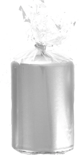 Vela cilíndrica con brillo metálico plateado 7 × 10 cm