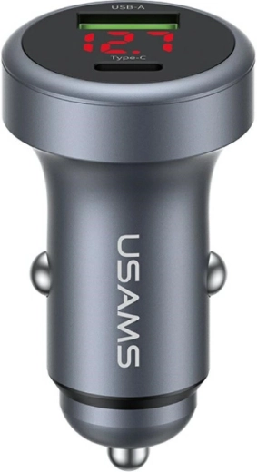Cargador de coche de aluminio USAMS 45 W USB-A + USB-C con LED