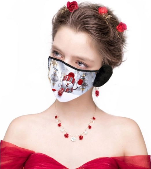 Mascarilla protectora navideña con orejeras cálidas – muñeco de nieve