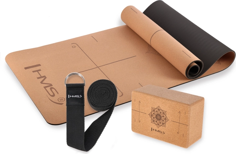 Set de corcho para yoga HMS: esterilla, bloque y correa