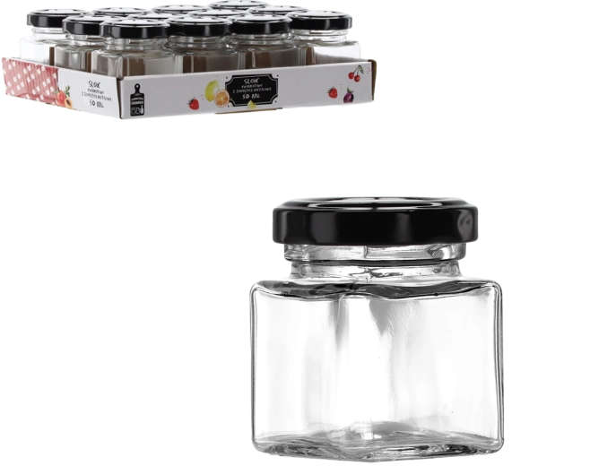Tarro de vidrio cuadrado de 50 ml con tapa metálica