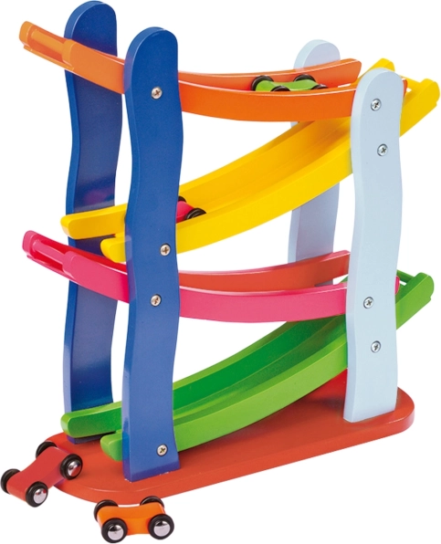 Pequeña pista de carreras de madera con 4 cochecitos