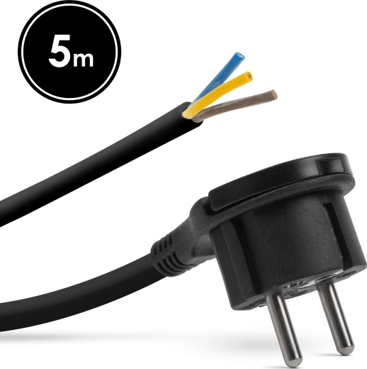 Cable de alimentación para montaje con enchufe con toma de tierra y asa abatible, 5 m, negro
