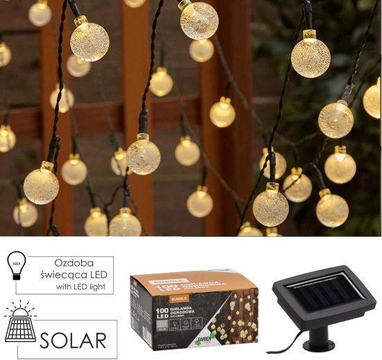 Guirnalda de luces solar para jardín BUBBLE 100 LED, blanco cálido, 11,9 m