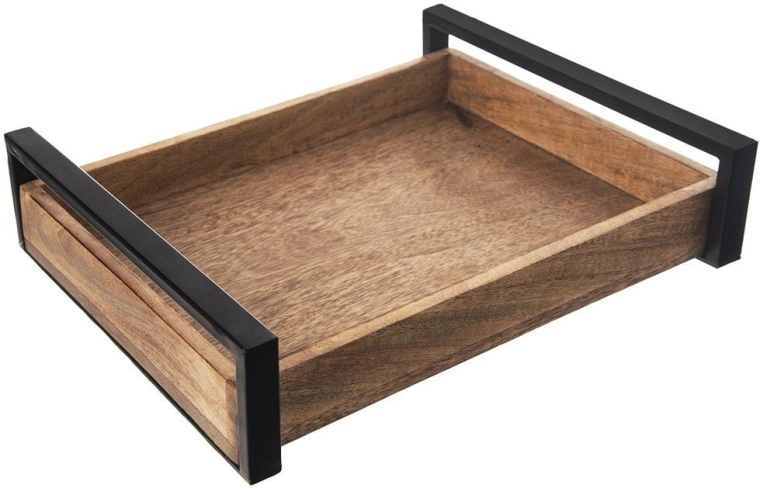 Bandeja de servir de madera de mango con asas metálicas 35,5 × 27 cm