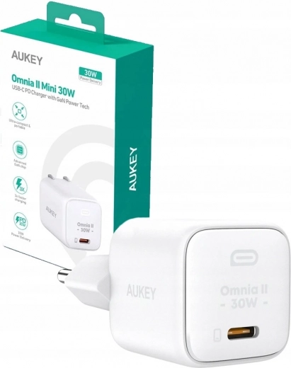 Cargador AUKEY OMNIA II Mini USB‑C 30 W PD, blanco