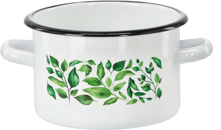 Olla esmaltada 2 l, 16 cm, blanca con motivo de ficus