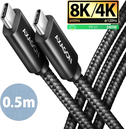 Axagon cable USB-C a USB-C 0,5 m USB4 40 Gb/s, PD 240 W, 8K, terminales de aluminio, trenzado