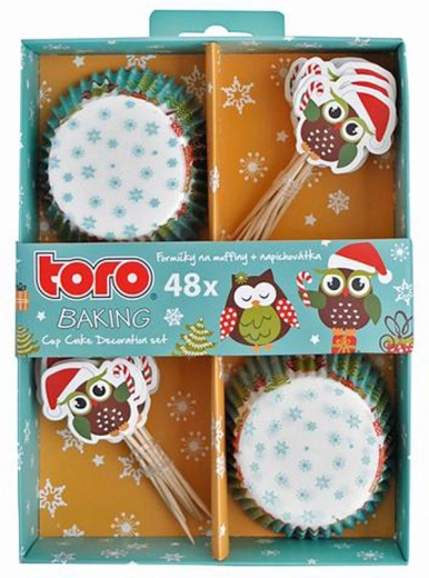 Cápsulas de papel para muffins con pinchos TORO – búhos navideños, 24 uds