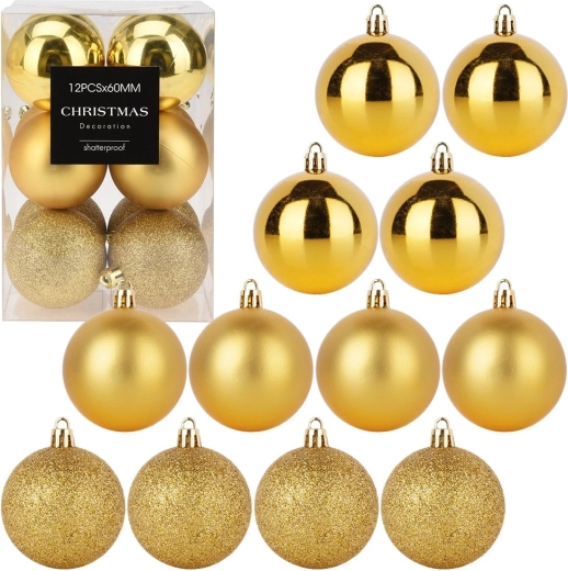 Set de adornos navideños irrompibles dorados de 6 cm, 12 unidades