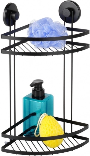 Estantería esquinera metálica para ducha con ventosas, de 2 niveles, negra 24 × 18 × 38 cm