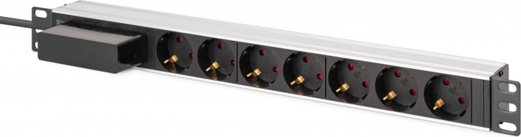 Regleta PDU para rack 19" con interruptor y disyuntor C 16 A, 7× Schuko, cable de 1,8 m, aluminio