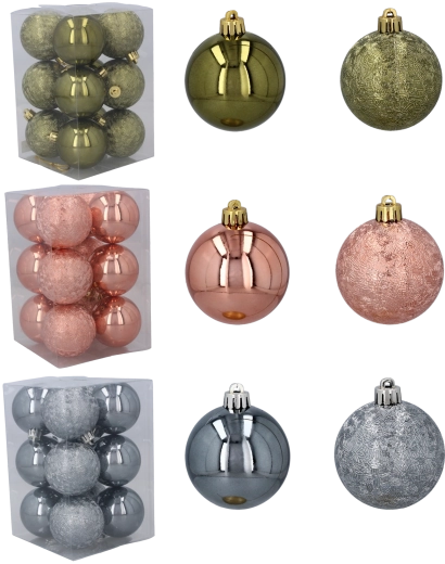 Set de adornos navideños de plástico de 6 cm – oliva, cobre y grafito, 12 uds.