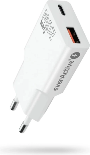 Cargador de red everActive GaN Super Slim 20 W con USB‑C PD y USB‑A QC 3.0