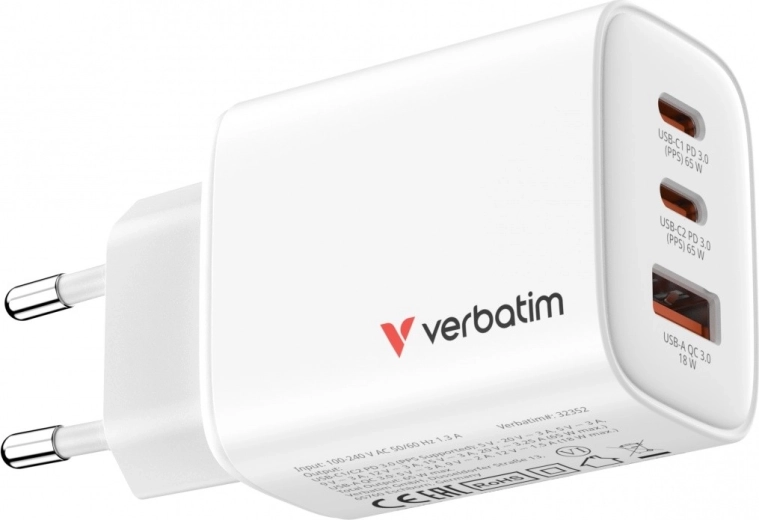 Cargador GaN Verbatim Essentials 65 W (2× USB-C PD 3.0 + 1× USB-A QC 3.0), UE, blanco