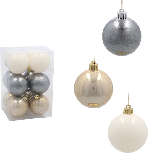 Set de 12 bolas navideñas de 6 cm – champán, plateado y blanco