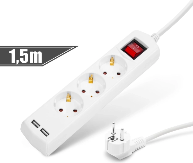 Alargador eléctrico con 3 tomas, 2 puertos USB e interruptor, 1,5 m
