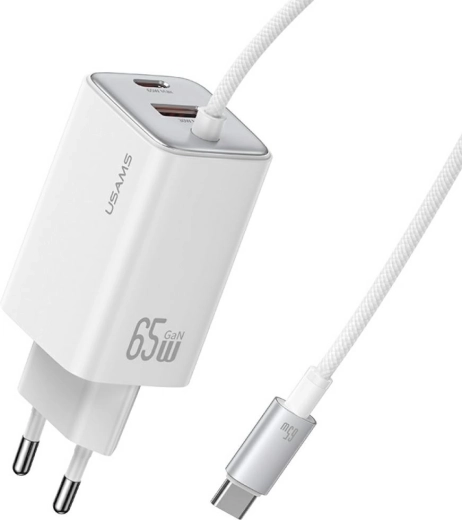 Cargador de red USAMS serie JC GaN de 65 W con cable USB‑C integrado (2× USB‑C, 1× USB‑A), blanco