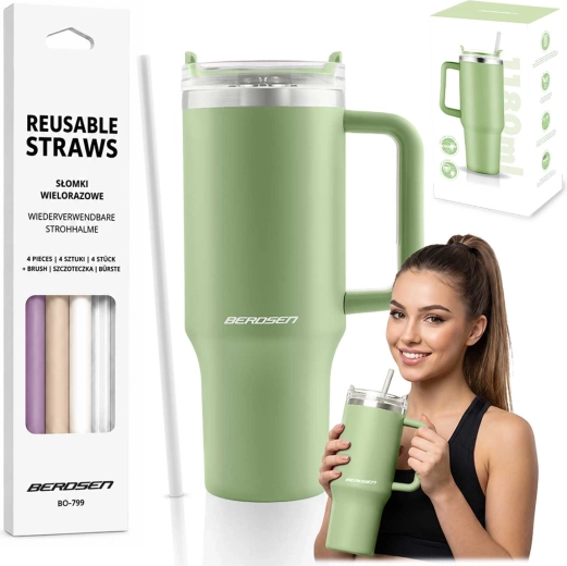 Vaso térmico al vacío Berdsen con pajita 1180 ml verde - 1 unidad