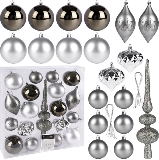Set de adornos navideños plateados irrompibles, 19 uds.