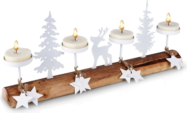 Candelabro de madera blanco para 4 velas de té, 40 × 6 × 16,5 cm