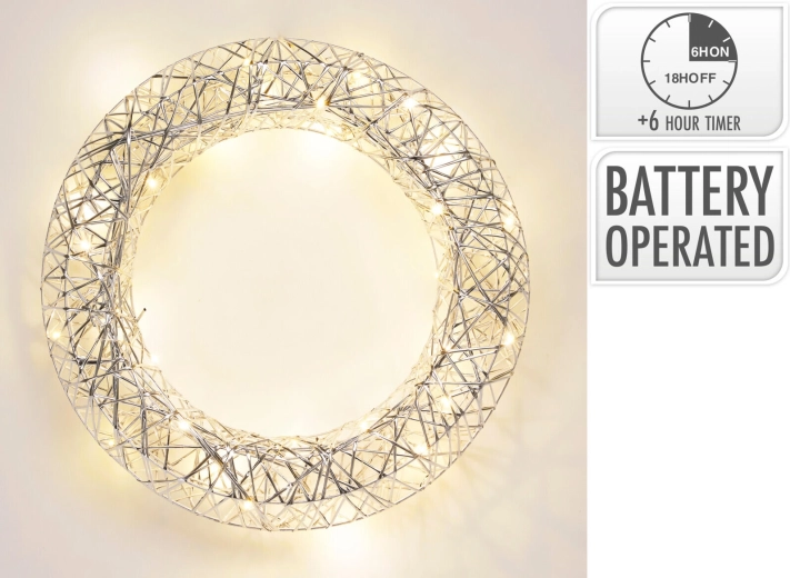 Corona LED metálica plateada con temporizador, 40 cm