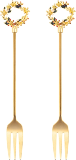 Set de 2 tenedores de postre con punta decorada en forma de corona navideña, dorado