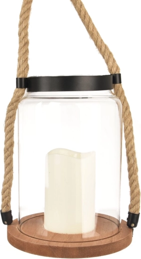 Portavelas (farol) LED marrón de vidrio y madera 23 cm