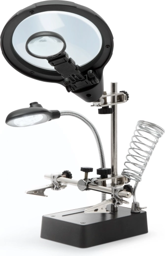Soporte para componentes con lupa, pinzas de cocodrilo e iluminación LED