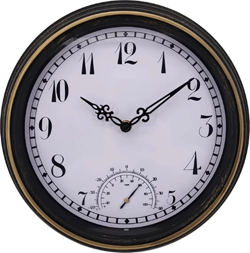 Reloj de pared exterior 30 cm – negro‑dorado, esfera blanca