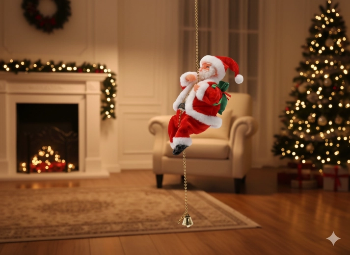 Santa trepador navideño en cadena dorada con cascabel 20,5 cm