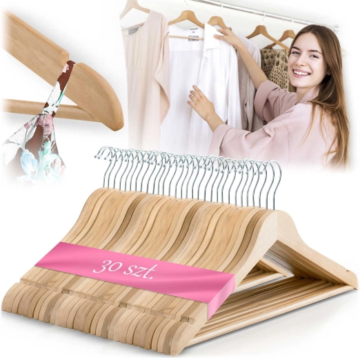 Massido percha de madera para ropa de madera natural, set de 30 uds.