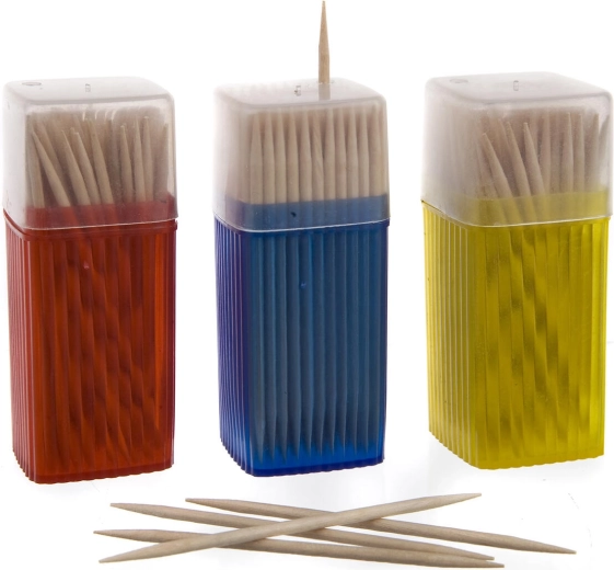 Palillos de madera de doble punta en dispensador, set 3 × 150 uds