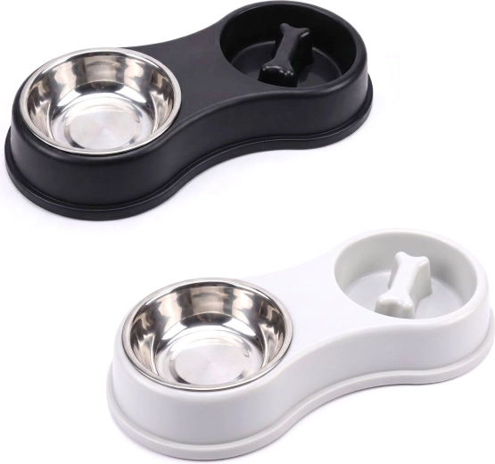 Doble cuenco para perros y gatos con cuenco de acero inoxidable en blanco y negro