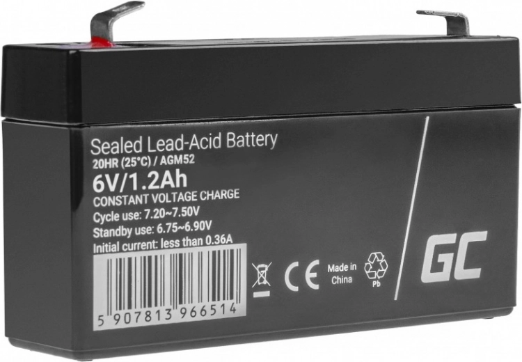 Batería AGM sin mantenimiento 6 V 1,2 Ah para sistemas de seguridad, cajas registradoras y juguetes GREEN CELL