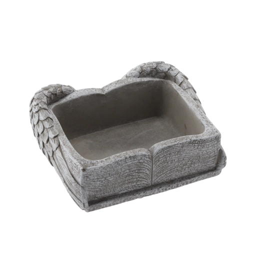Macetero cementado para cementerio con forma de libro y alas, gris