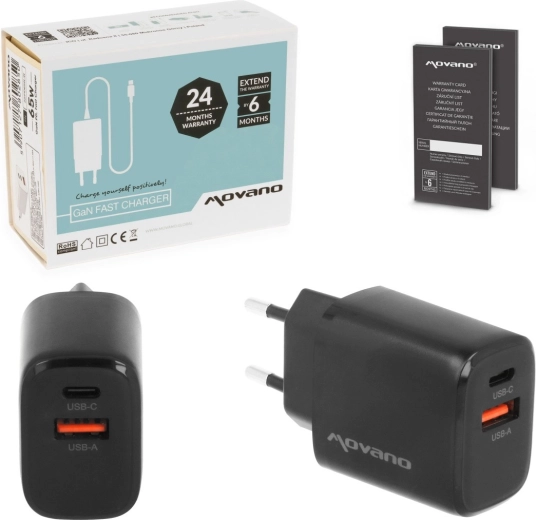 Cargador de red Movano GaN 30 W (USB‑C PD + USB‑A), negro