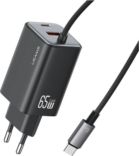 Cargador de red USAMS serie JC GaN 65 W con cable USB‑C integrado (2× USB‑C, 1× USB‑A), negro