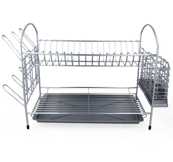 Escurridor de platos de dos niveles 40 cm, acero cromado, plateado