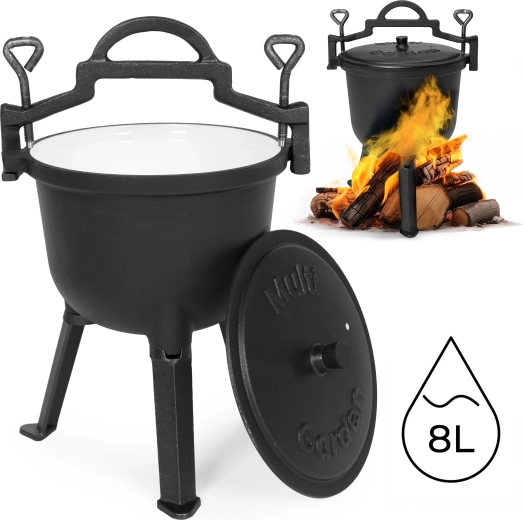 Caldero de hierro fundido esmaltado de 8 l con soporte MULTIGARDEN para fuego y parrilla
