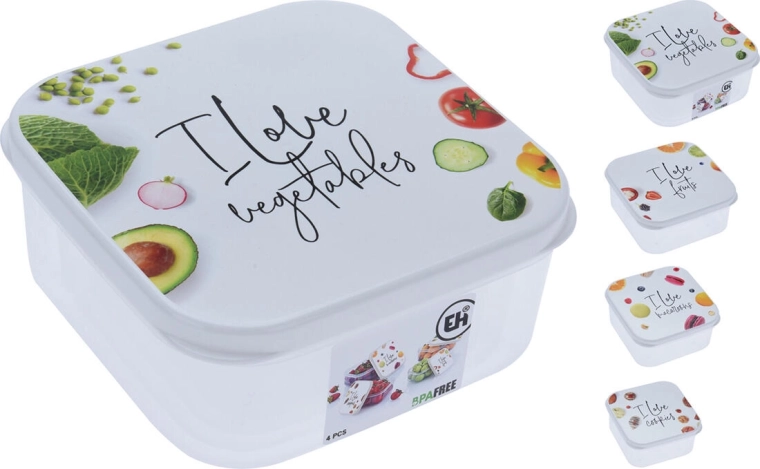 Juego de recipientes cuadrados para alimentos con estampado, 4 uds (0,3 l + 0,45 l + 0,65 l + 1 l)