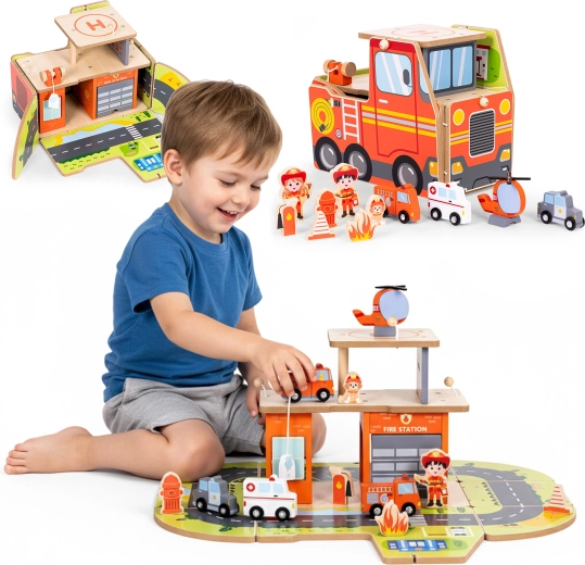 Estación de bomberos de madera 2 en 1 ECOTOYS: garaje plegable y vehículo de 2 plantas con accesorios
