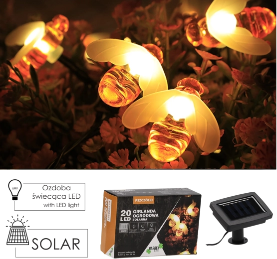Guirnalda luminosa solar de jardín abejitas 20 LED blanco cálido, 5,8 m