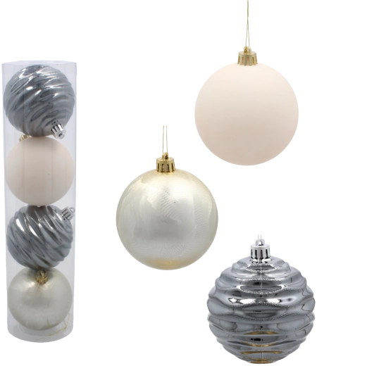 Set de bolas navideñas de 8 cm – champagne, gris y blanco (plástico, mix de acabados) 4 uds