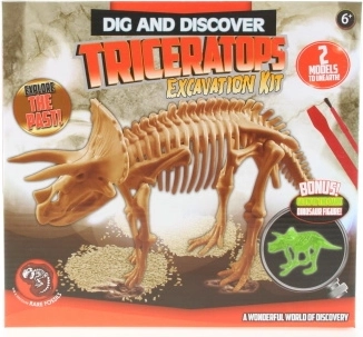Excavación de esqueleto de dinosaurio con triceratops que brilla en la oscuridad